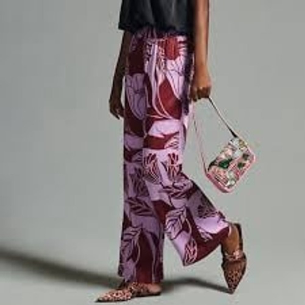 Anthropologie Maeve Saria Smocked Wide Leg Pant lilac burgundy floral sz XXS